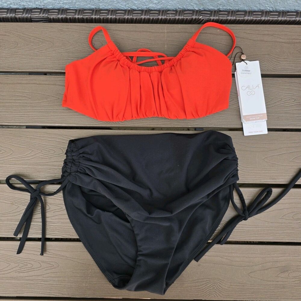 CALIA Womens Scrunched Red Strappy Back Top & Black Tie Bikini Sz XS New No Tag